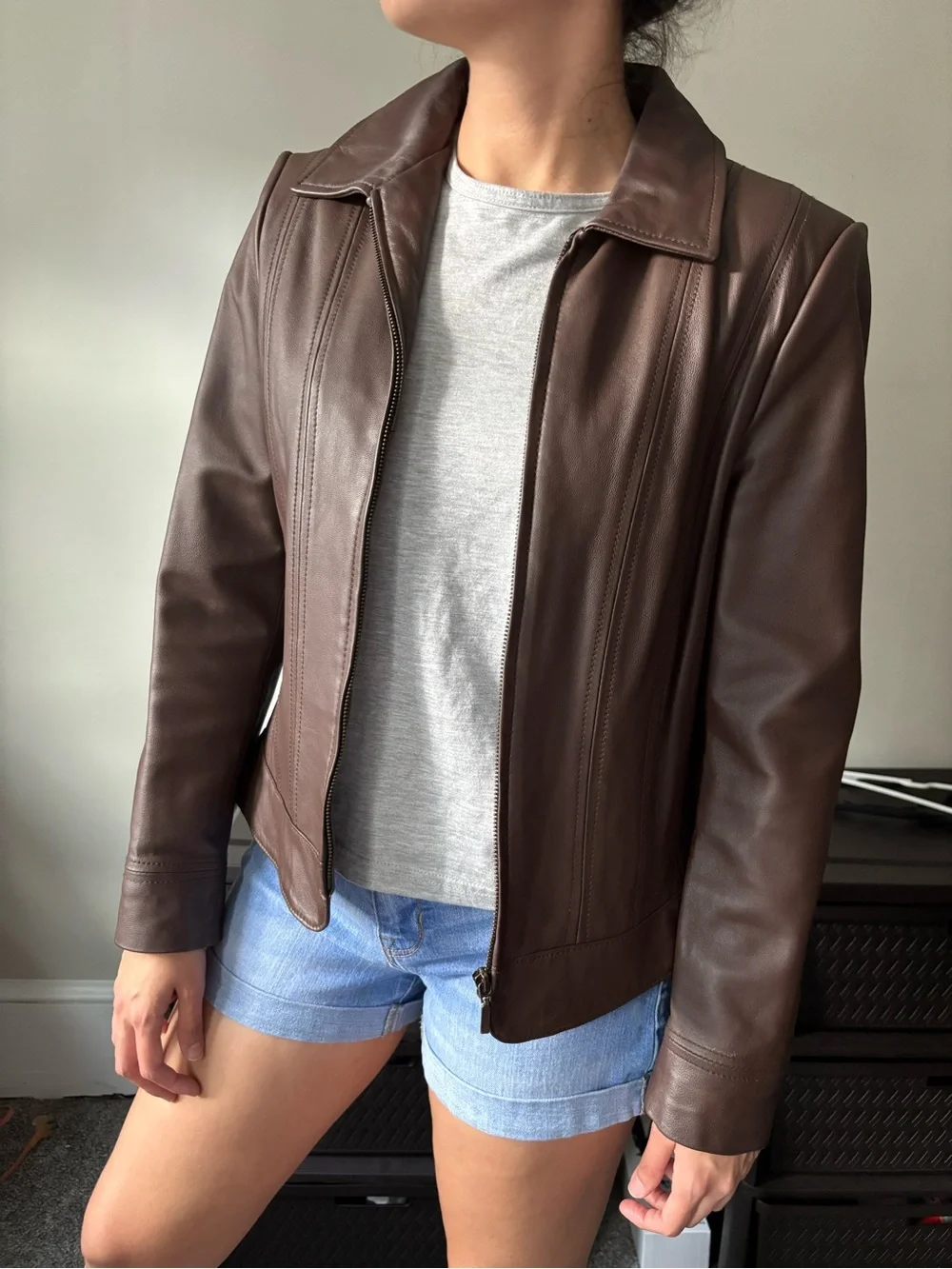 Y2K Brown Preppy Leather Grunge Zip Up Biker Jacket - Size Small